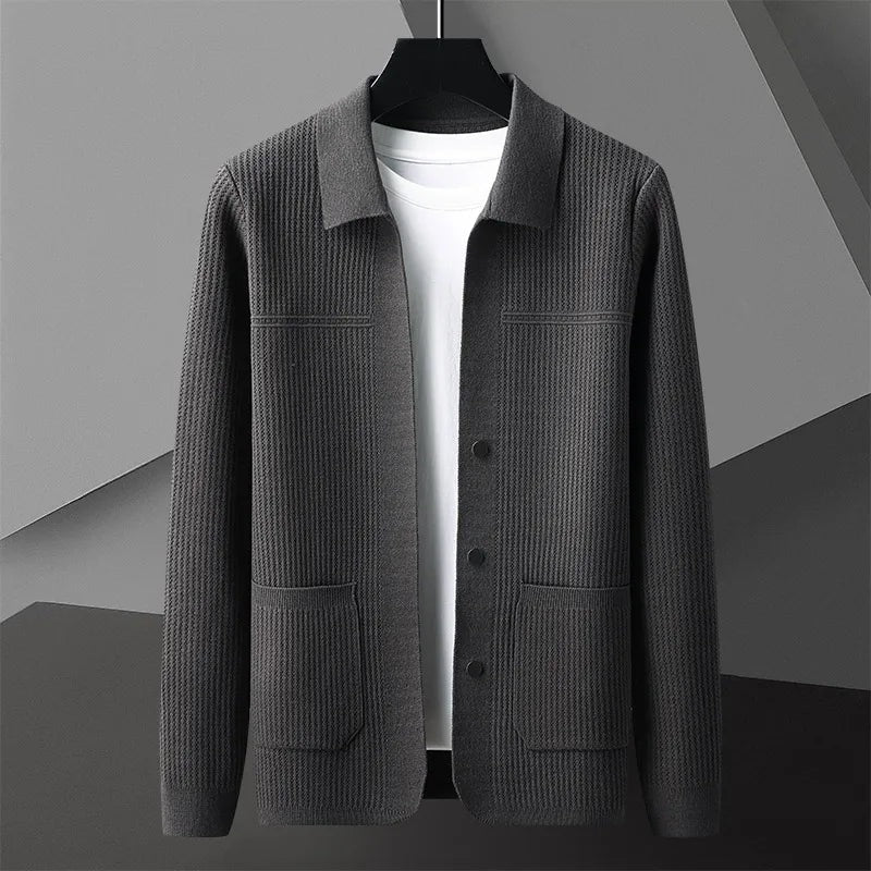 Men's ribbed knit cardigan with a shirt collar, buttons and patch pockets - charcoal