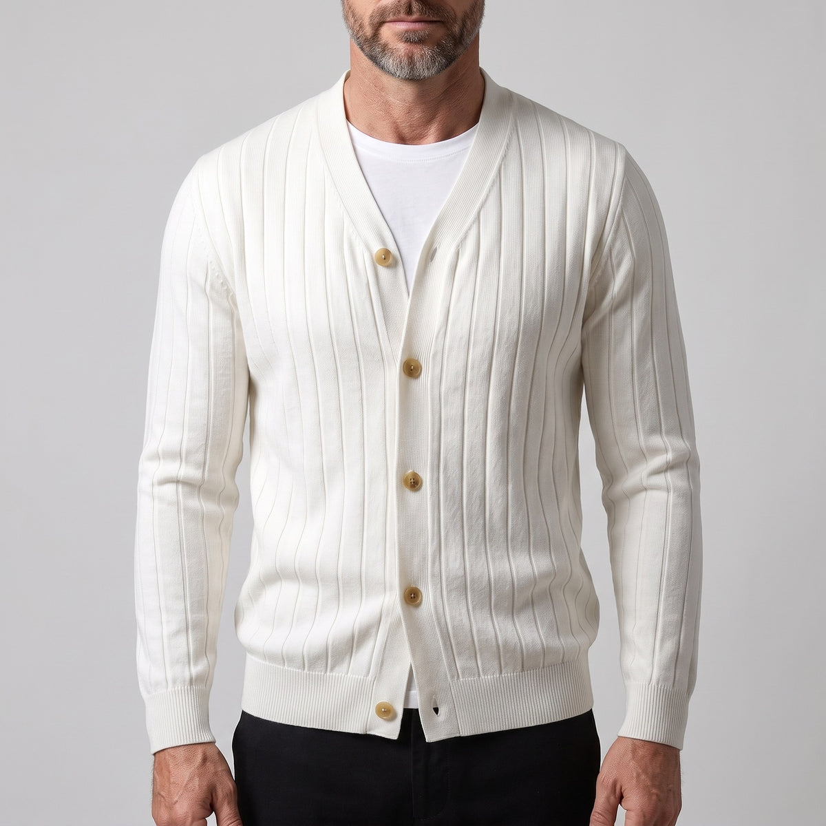 Men's ribbed cardigan with a V-neck and button front - off white