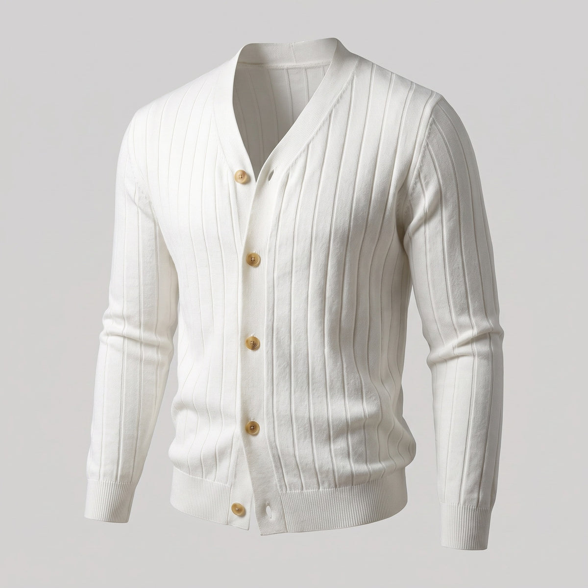 Men's ribbed cardigan with a V-neck and button front - off white