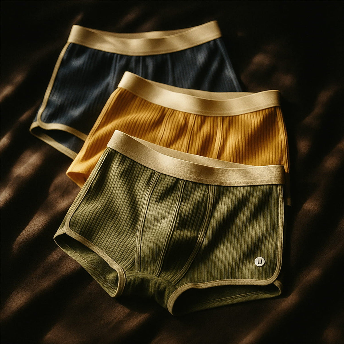 Men's ribbed cotton boxer briefs with a wide contrast waistband and piped legs, set of three - navy/mustard/olive