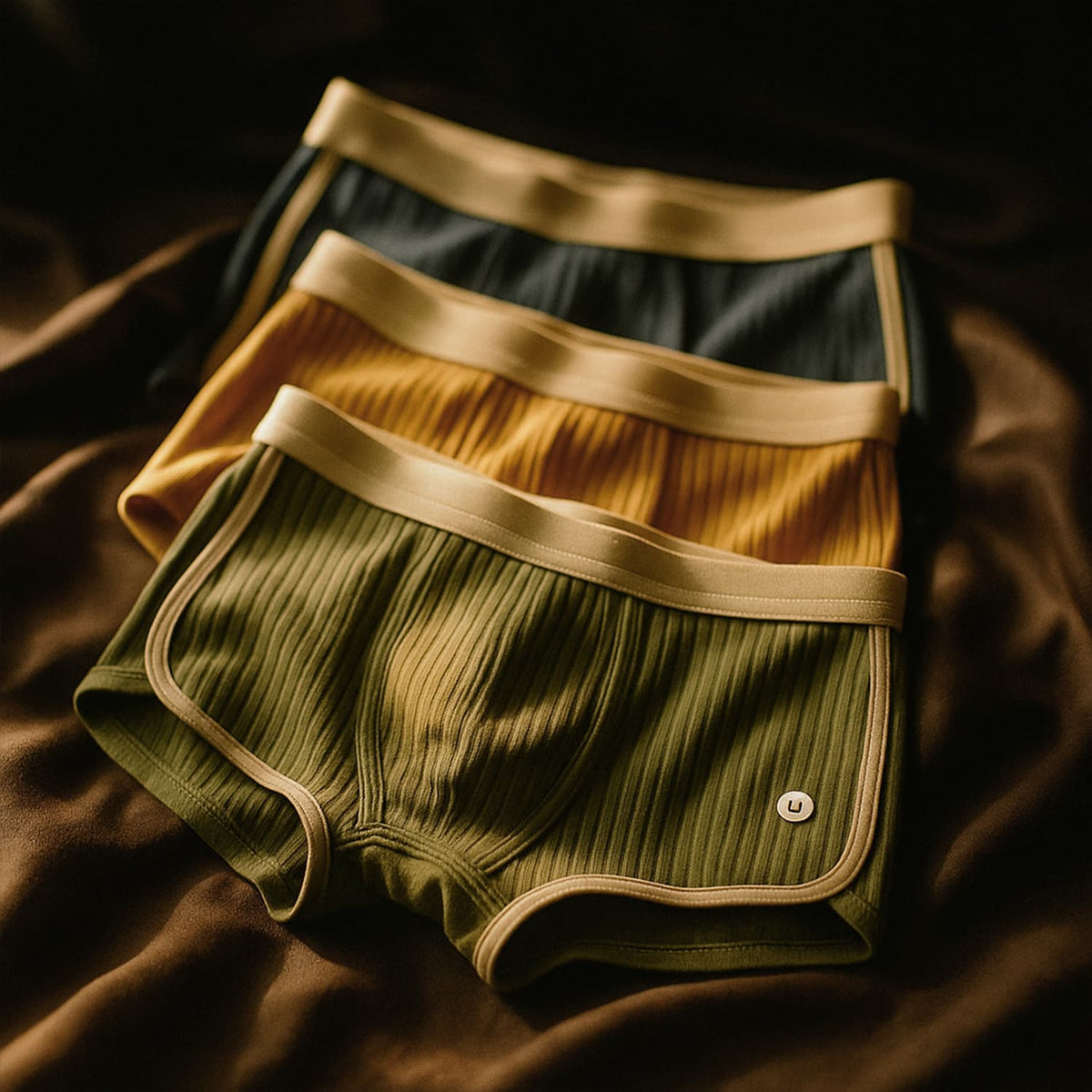 Men's ribbed cotton boxer briefs with a wide contrast waistband and piped legs, set of three
