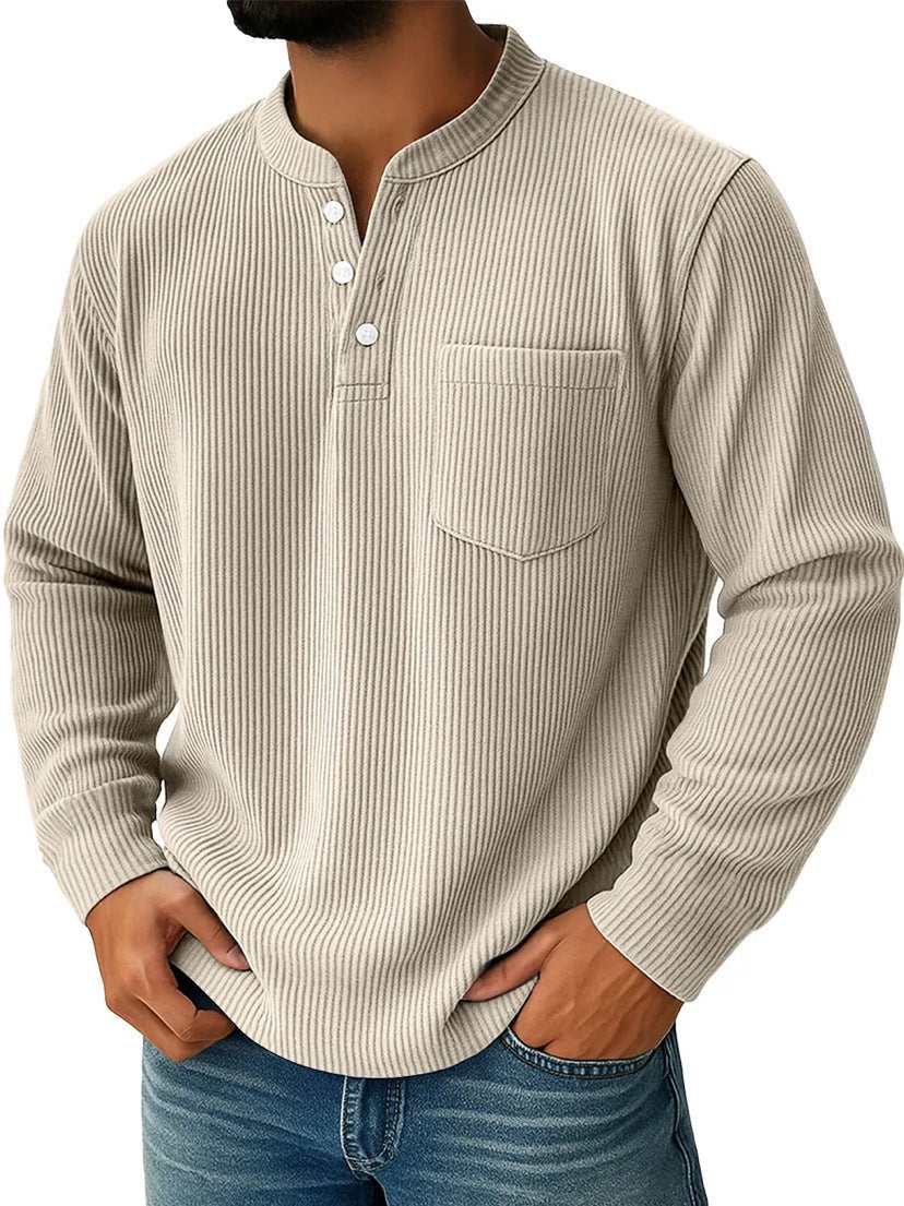 Men's long-sleeve ribbed henley shirt with a chest pocket - sand