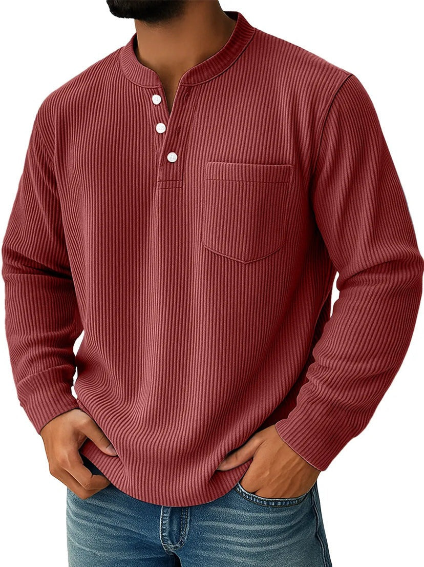 Men's long-sleeve ribbed henley shirt with a chest pocket - brick red