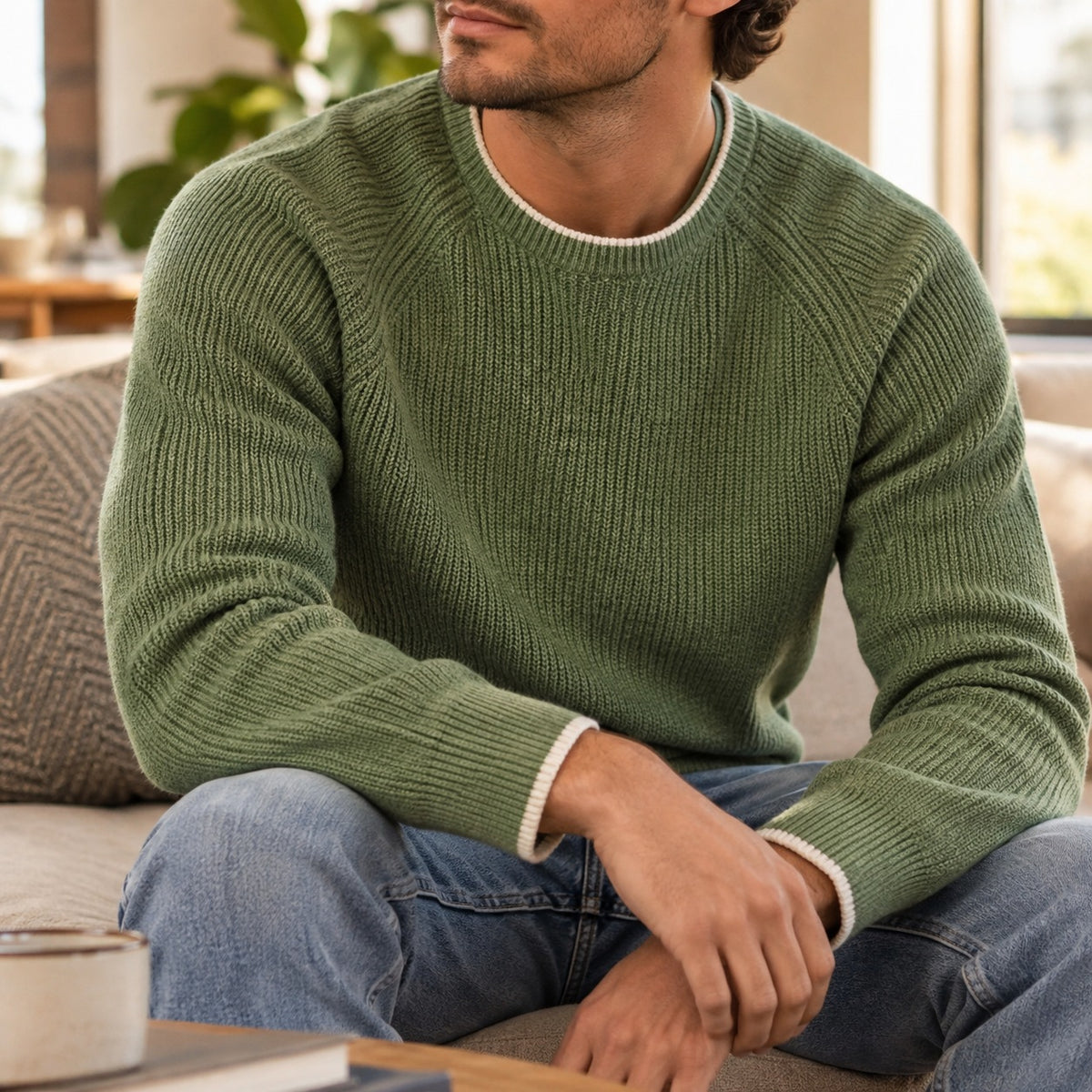 Men's ribbed crew neck jumper with off-white contrast tipping - view 2