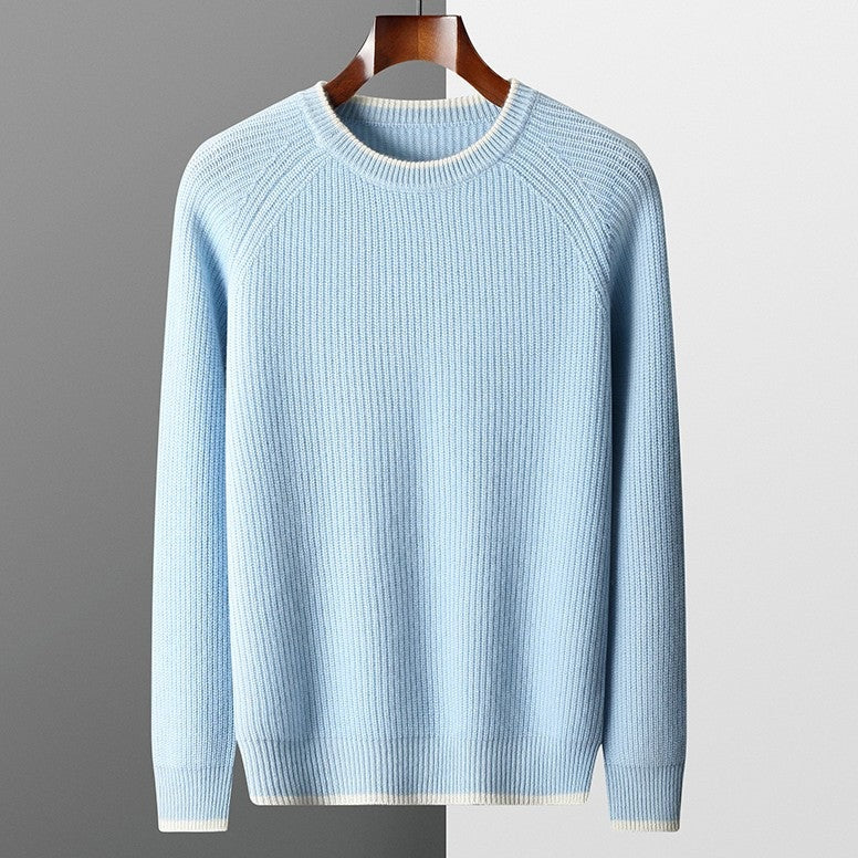 Men's ribbed crew neck jumper with off-white contrast tipping - light blue