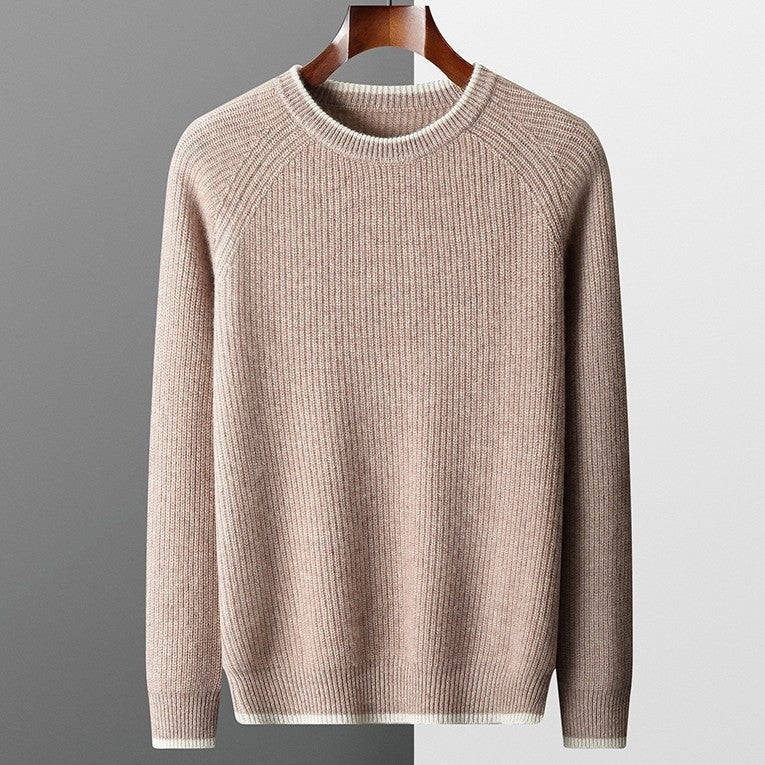 Men's ribbed crew neck jumper with off-white contrast tipping - taupe