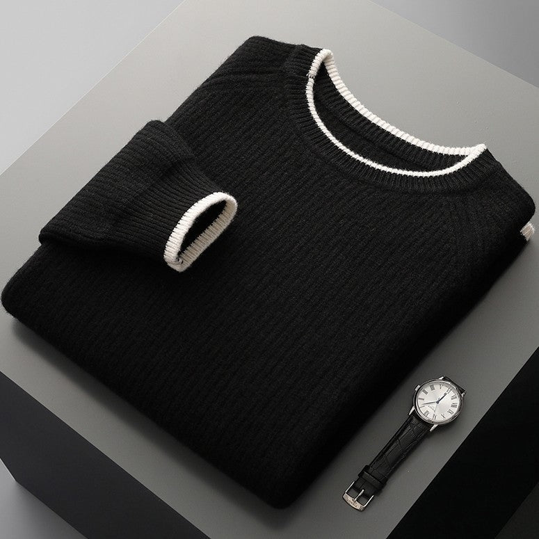 Men's ribbed crew neck jumper with off-white contrast tipping - black