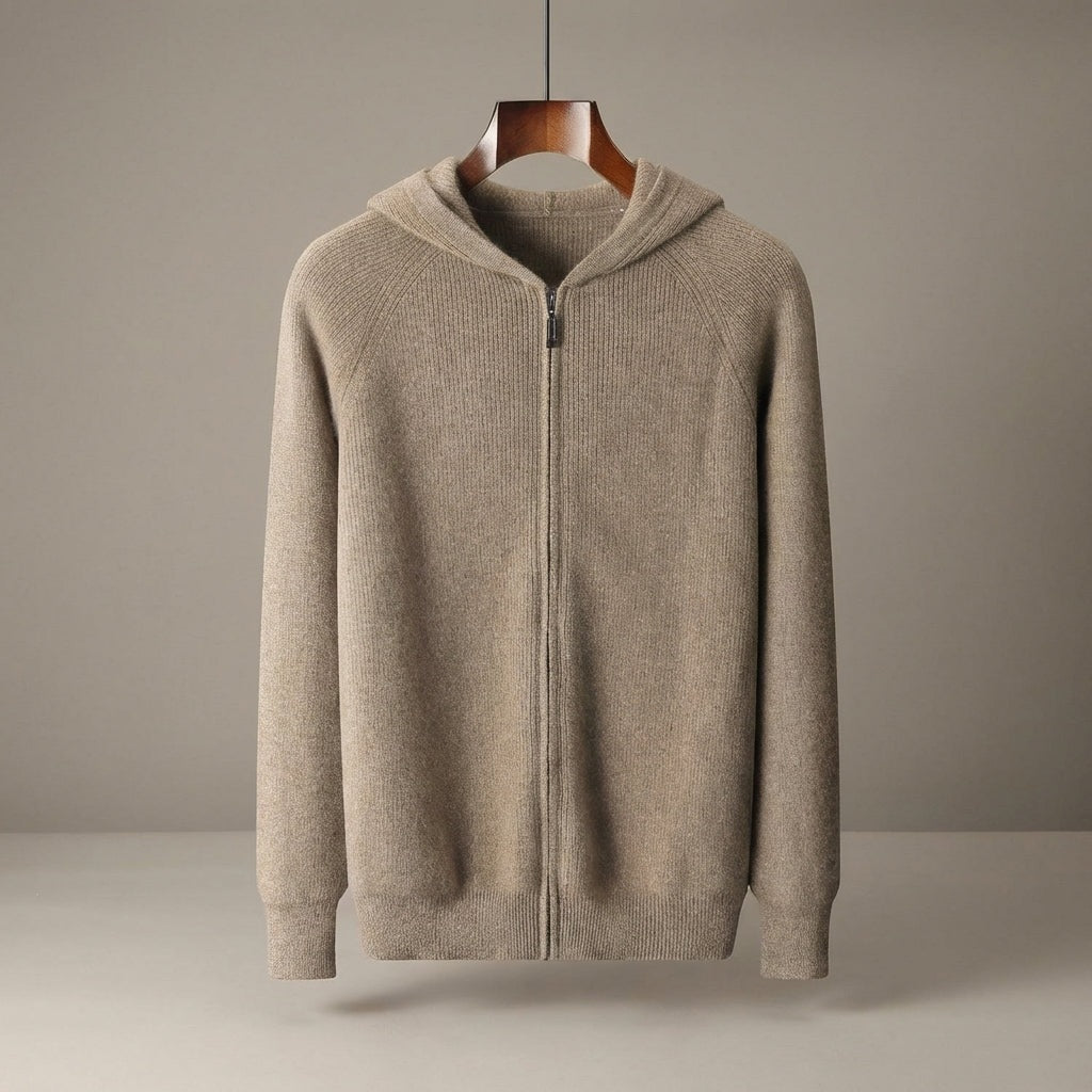 Men's ribbed knit hooded cardigan with a full-length zip and raglan sleeves - view 3