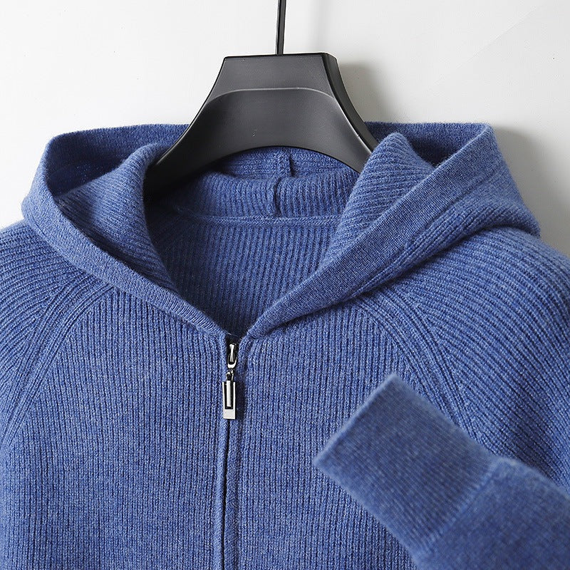 Men's ribbed knit hooded cardigan with a full-length zip and raglan sleeves - denim blue