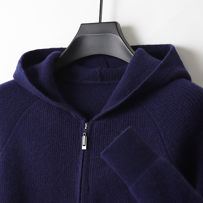 Men's ribbed knit hooded cardigan with a full-length zip and raglan sleeves - navy