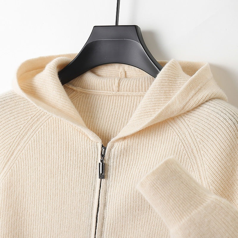 Men's ribbed knit hooded cardigan with a full-length zip and raglan sleeves - cream