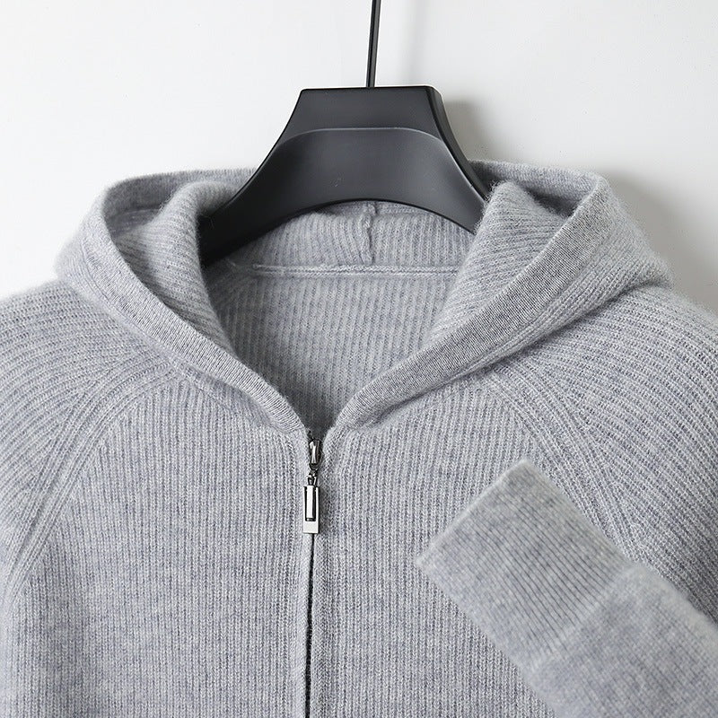 Men's ribbed knit hooded cardigan with a full-length zip and raglan sleeves - light grey