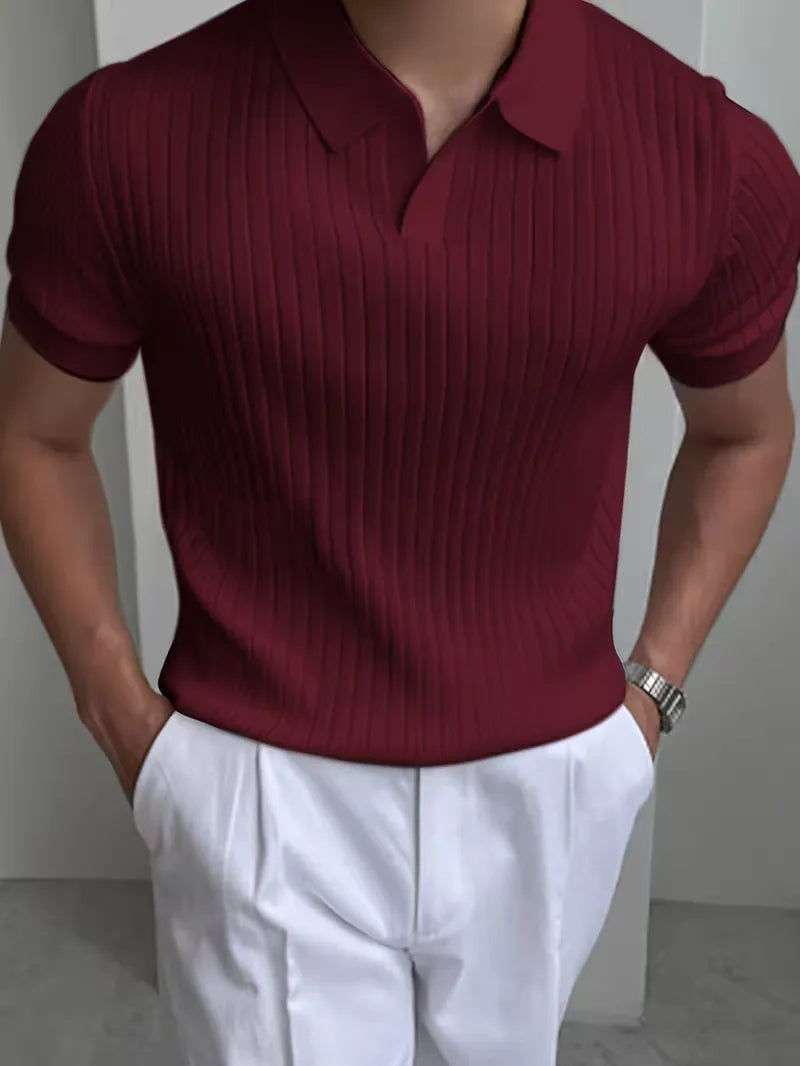 Men's ribbed knit polo with an open V-neck - burgundy