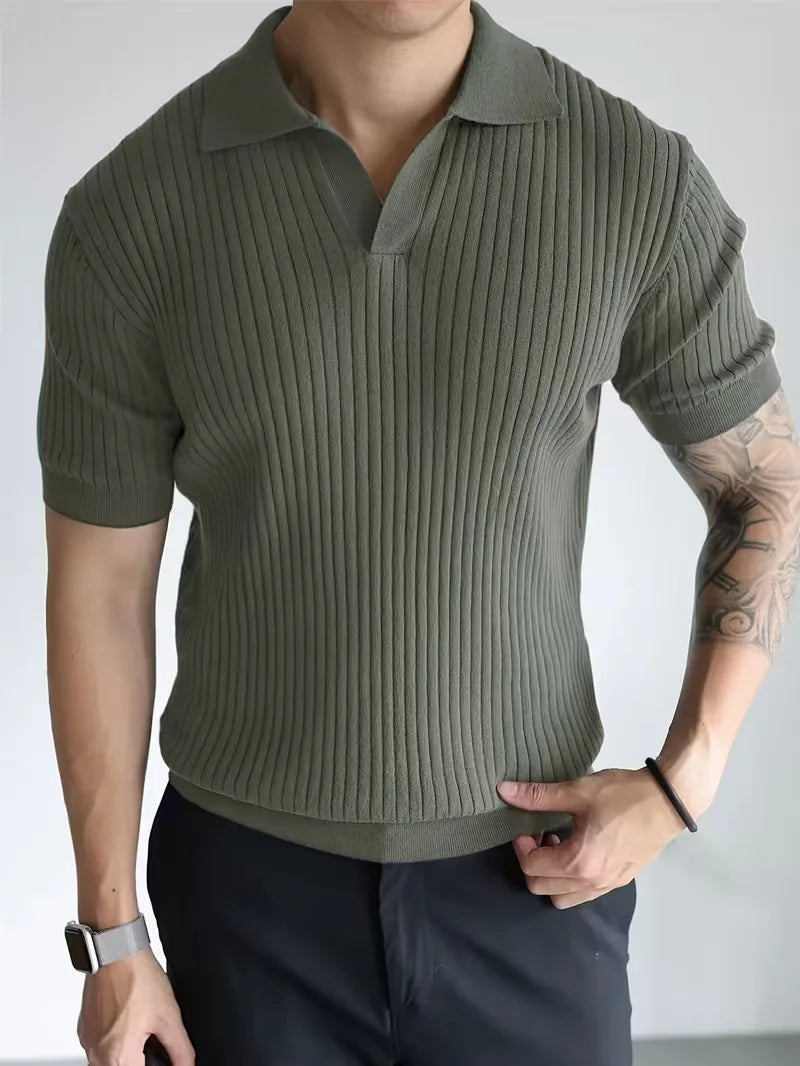 Men's ribbed knit polo with an open V-neck - view 11