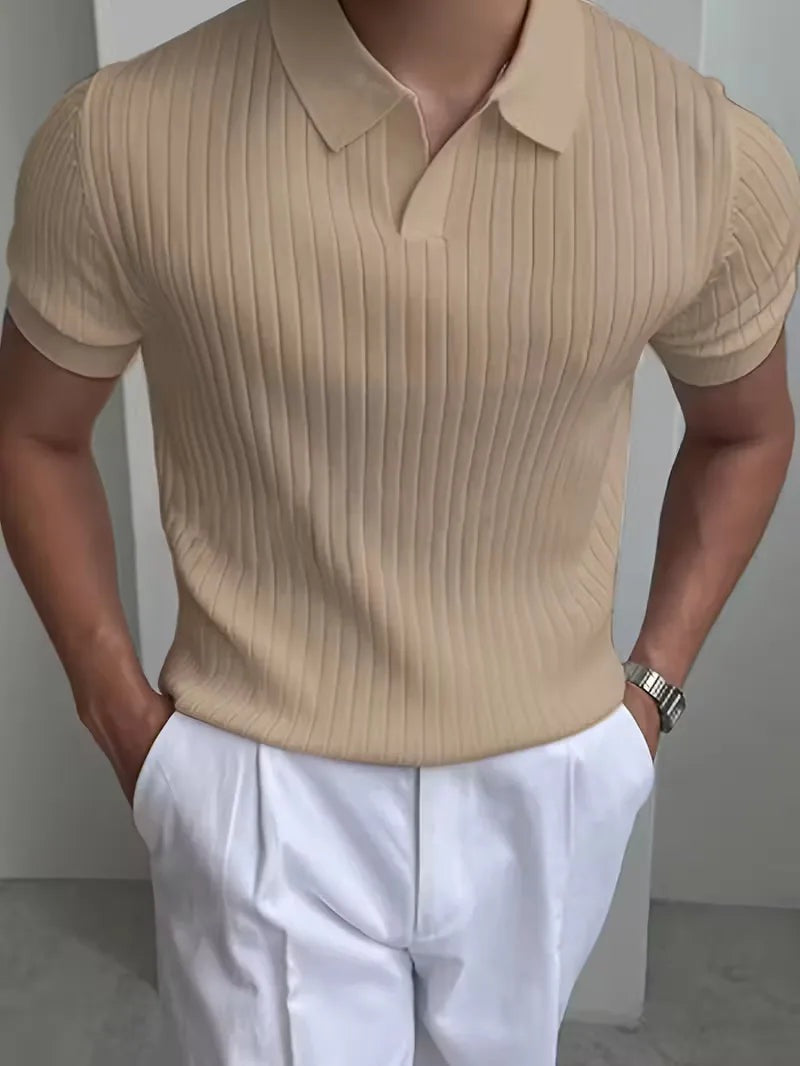 Men's ribbed knit polo with an open V-neck - sand