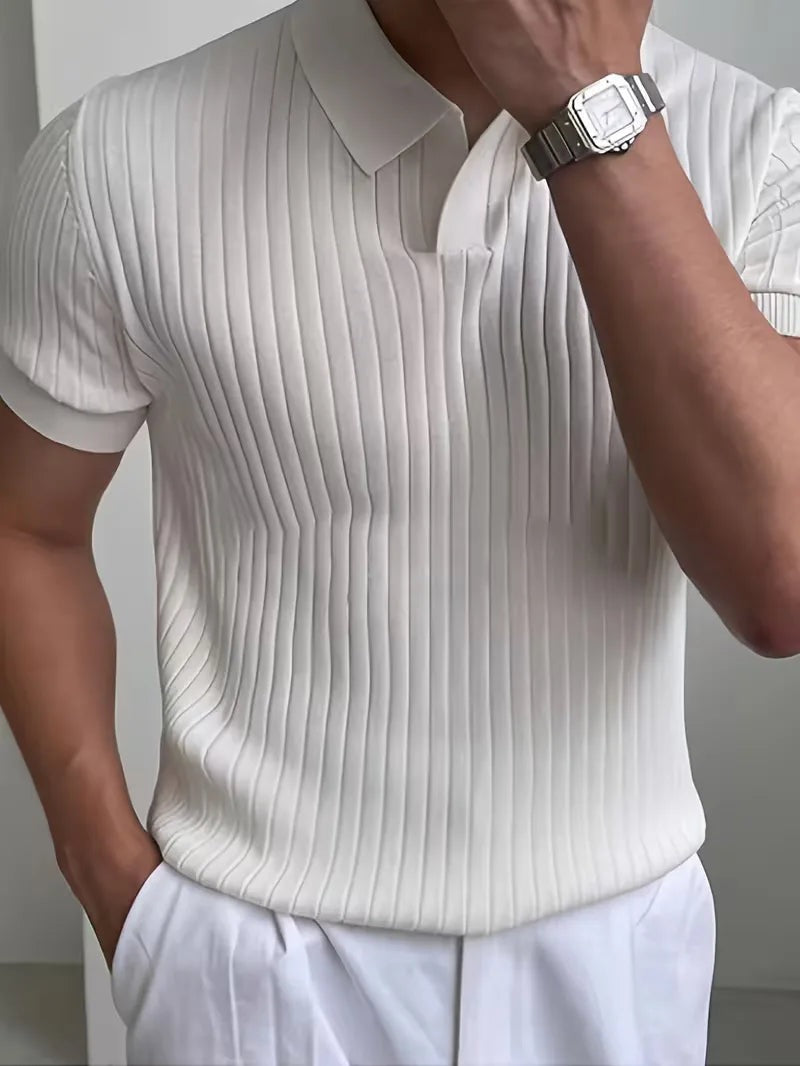 Men's ribbed knit polo with an open V-neck - off white