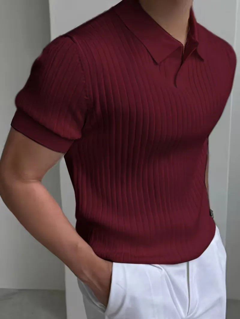 Men's ribbed knit polo with an open V-neck - view 2