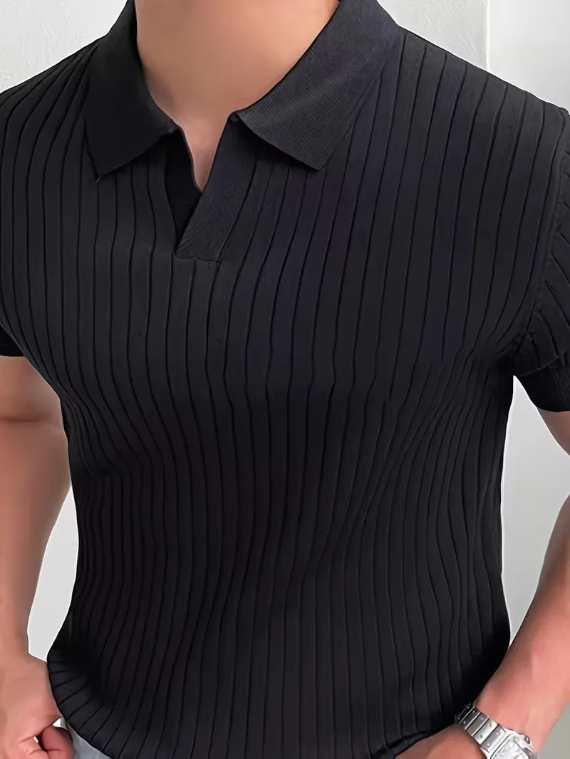 Men's ribbed knit polo with an open V-neck - view 8