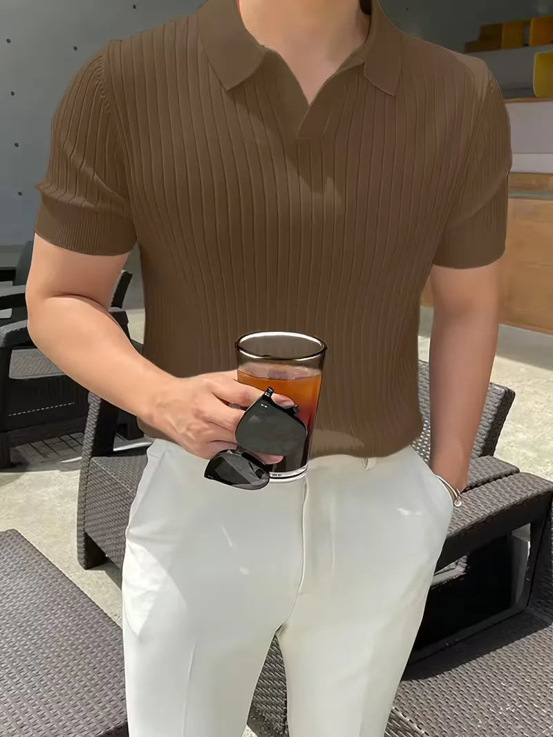 Men's ribbed knit polo with an open V-neck - brown