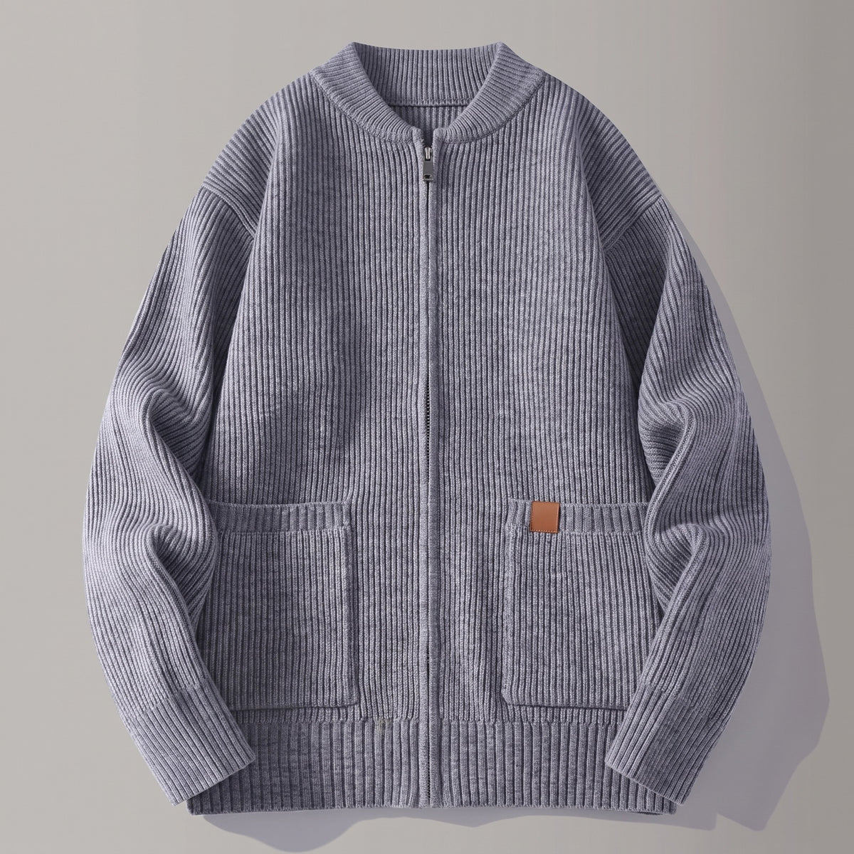 Men's ribbed knit cardigan with a zip and patch pockets - grey