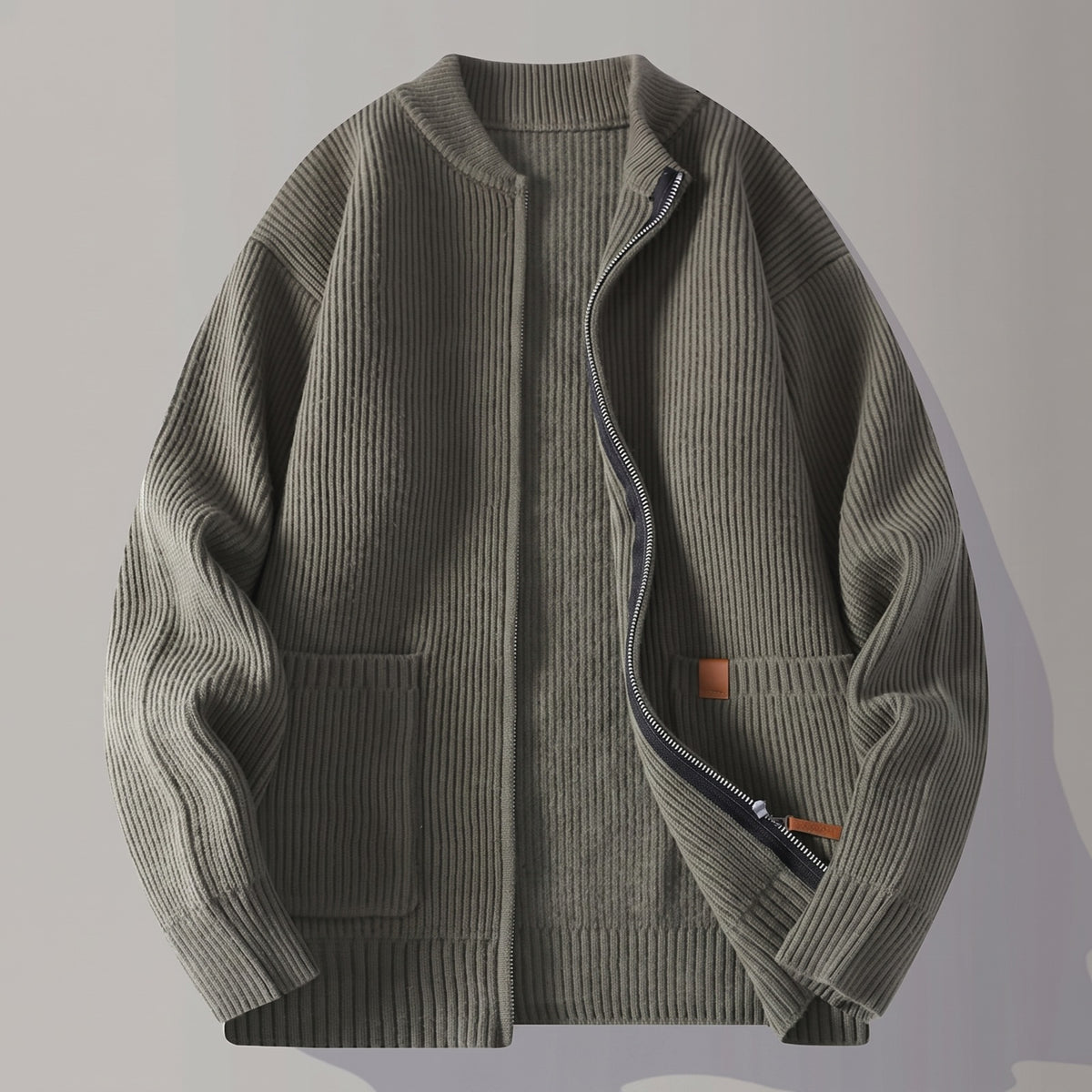 Men's ribbed knit cardigan with a zip and patch pockets - olive green