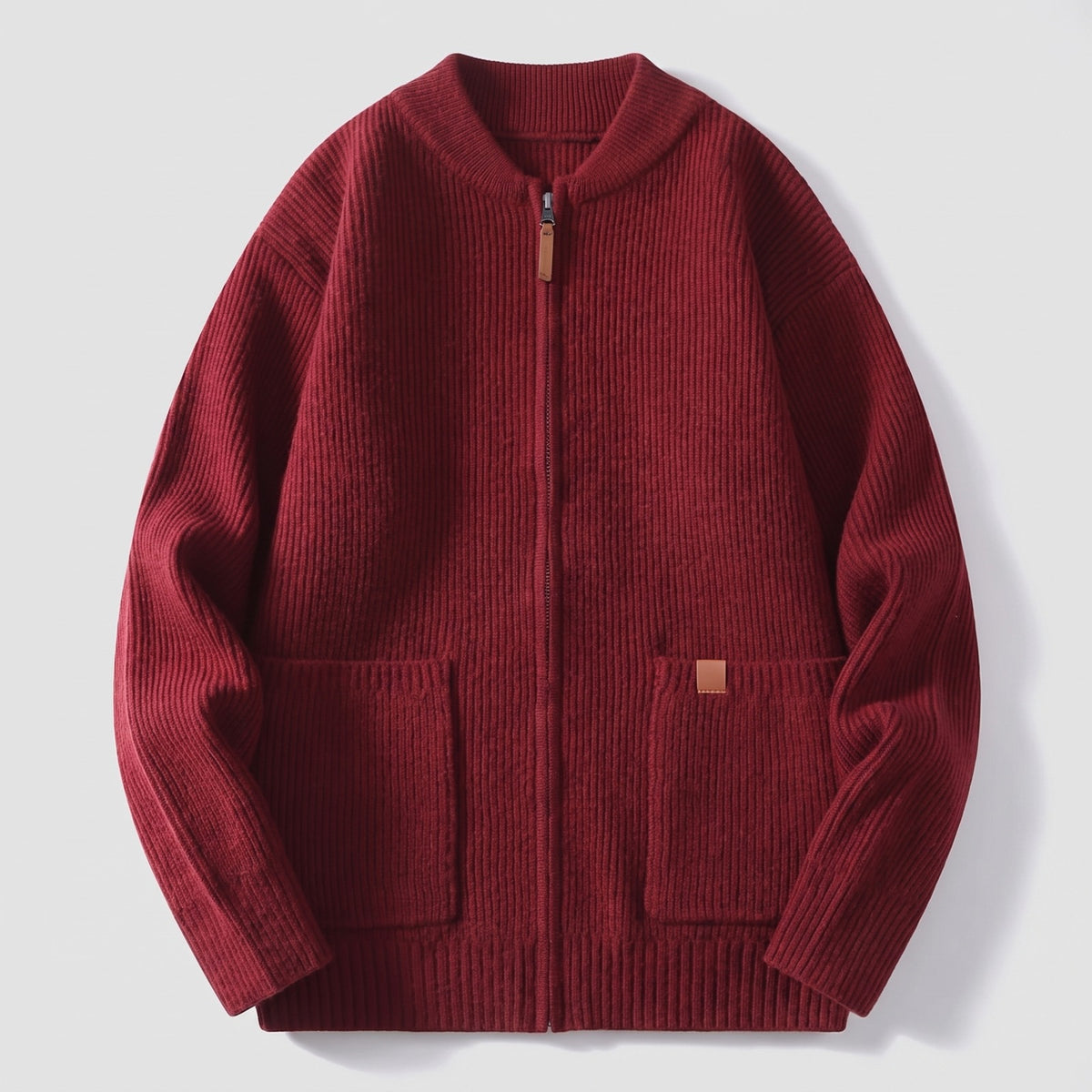 Men's ribbed knit cardigan with a zip and patch pockets - burgundy