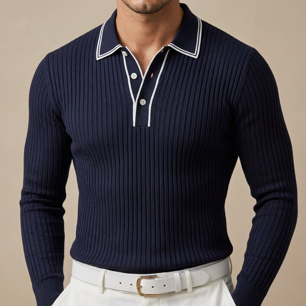 Men's ribbed long sleeve polo with contrast tipping on the collar and placket - navy