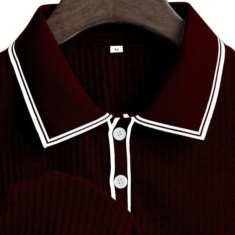 Men's ribbed long sleeve polo with contrast tipping on the collar and placket - view 3