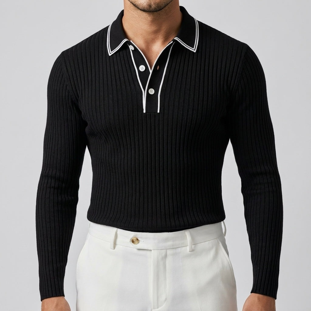 Men's ribbed long sleeve polo with contrast tipping on the collar and placket - black