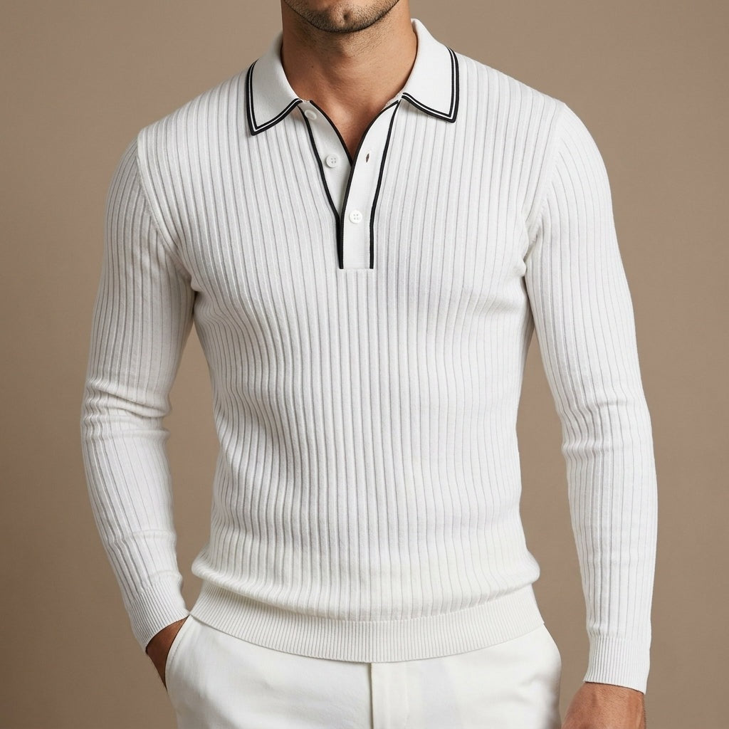 Men's ribbed long sleeve polo with contrast tipping on the collar and placket - white