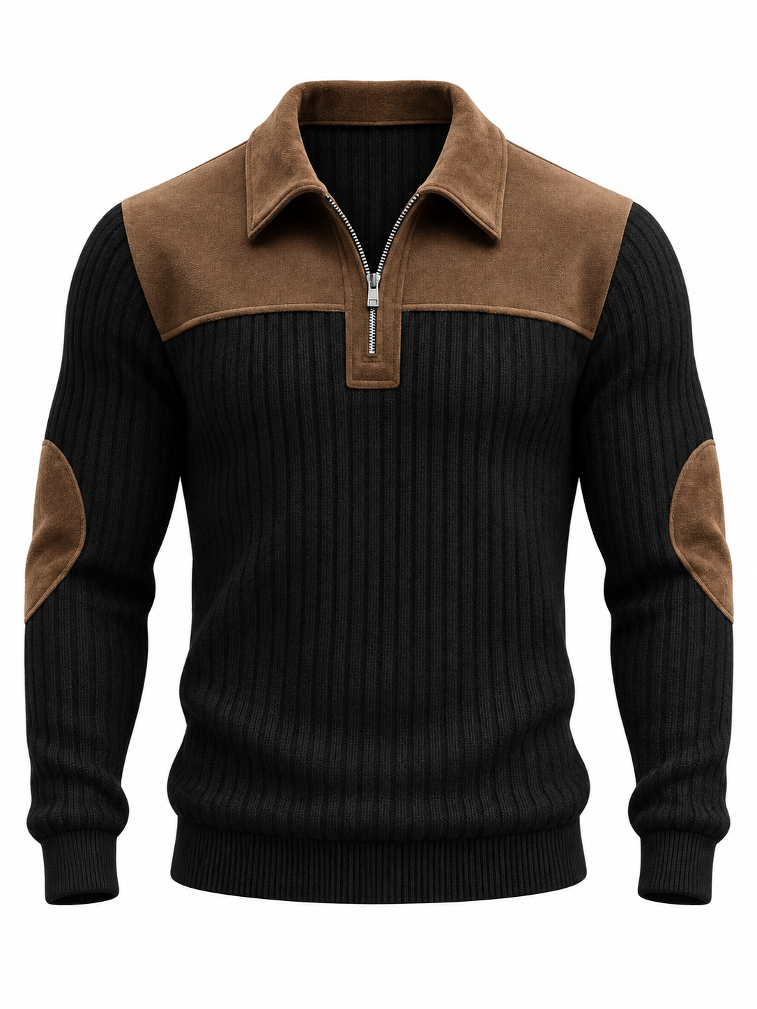 Men's ribbed quarter-zip jumper with a suede-look yoke and elbow patches - black
