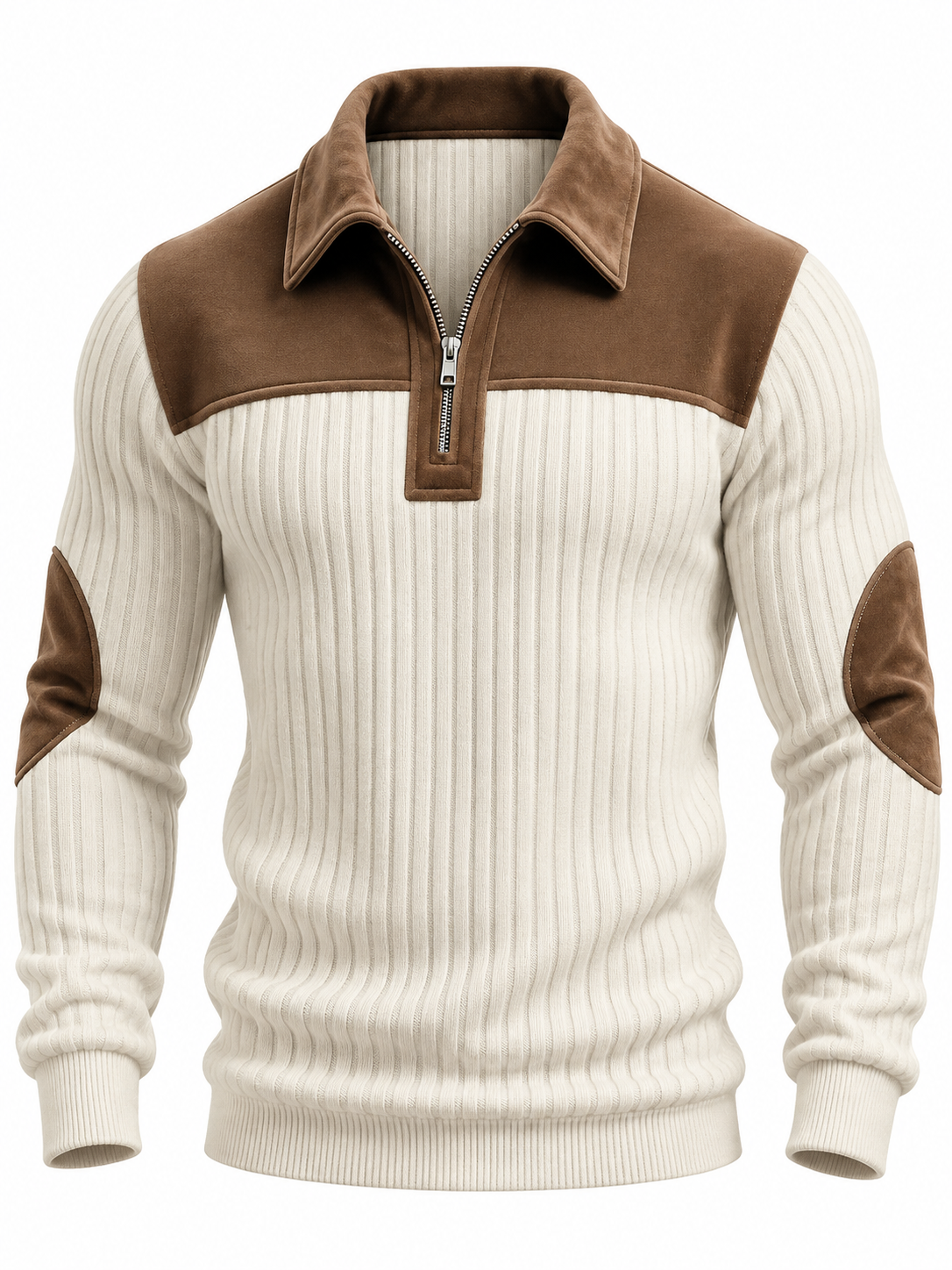 Men's ribbed quarter-zip jumper with a suede-look yoke and elbow patches - cream