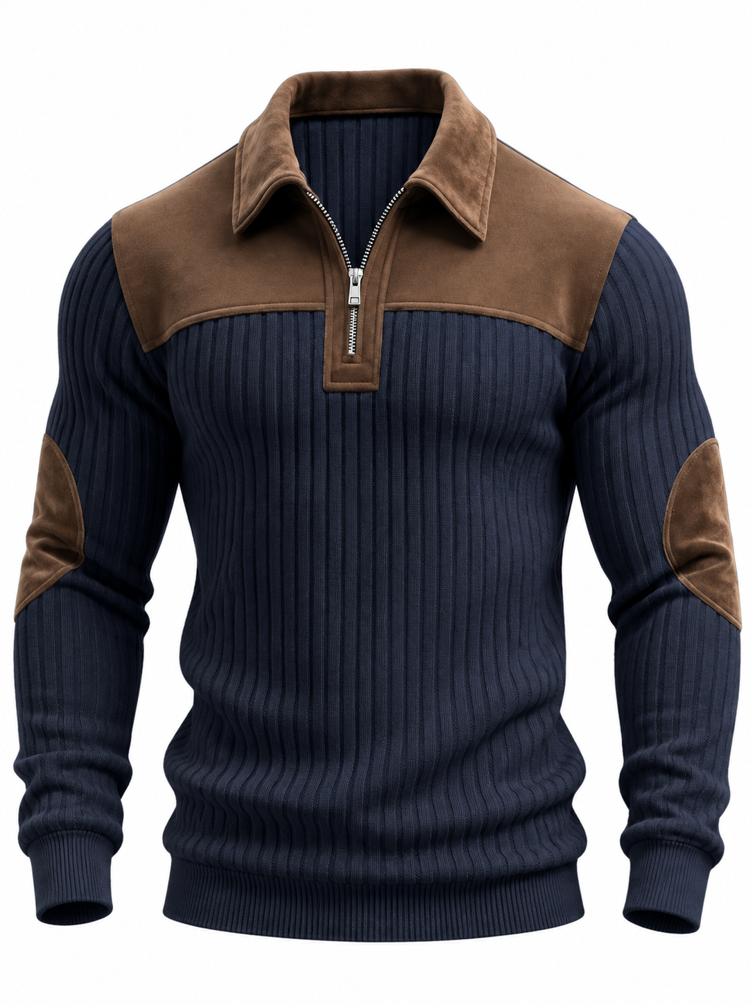 Men's ribbed quarter-zip jumper with a suede-look yoke and elbow patches - navy