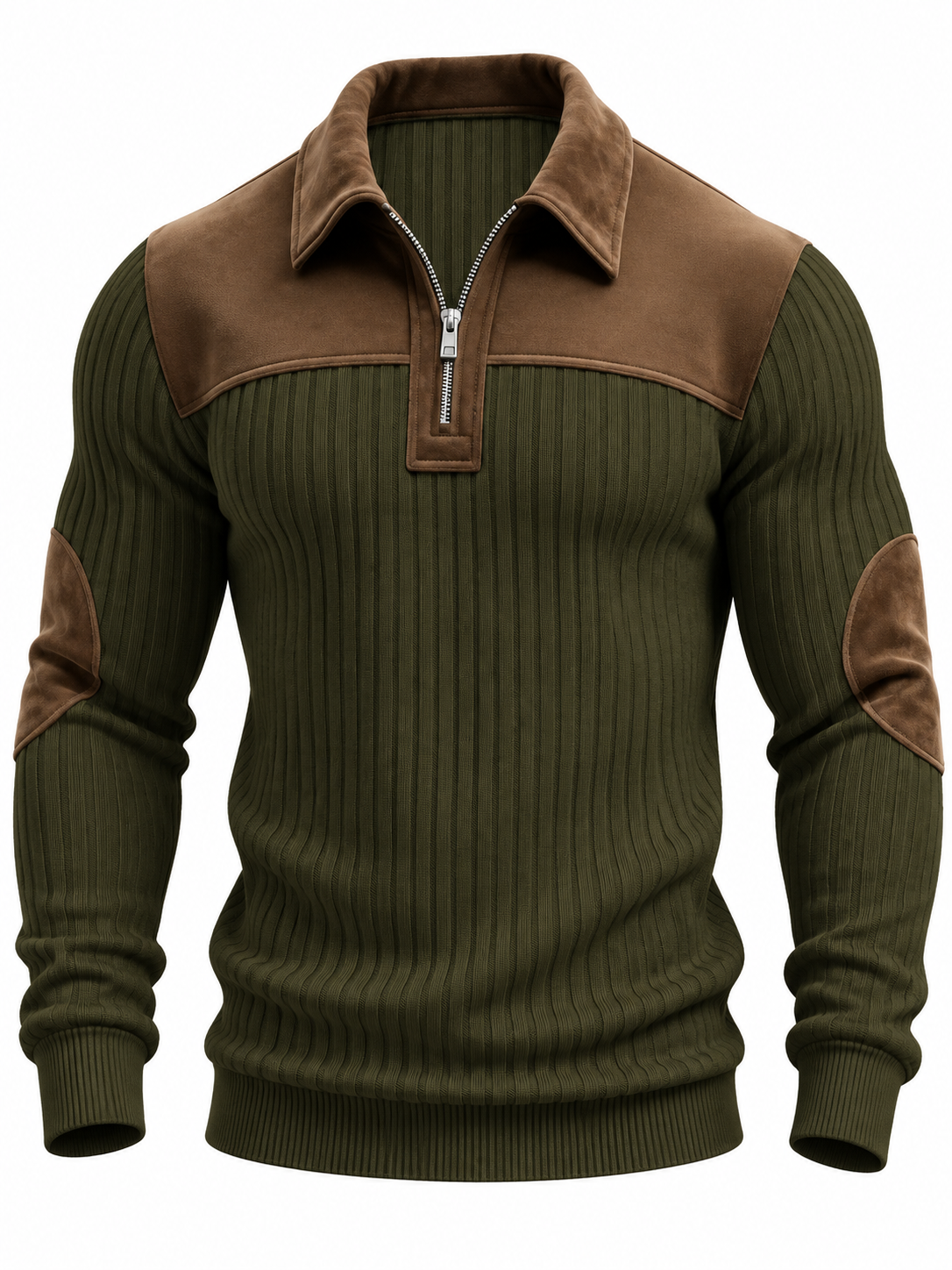 Men's ribbed quarter-zip jumper with a suede-look yoke and elbow patches - olive