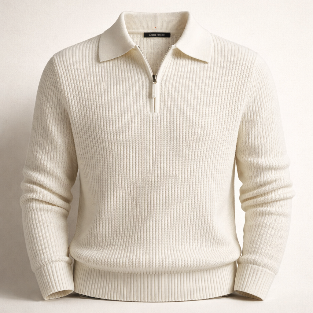 Men's ribbed quarter-zip jumper with a polo collar - off-white