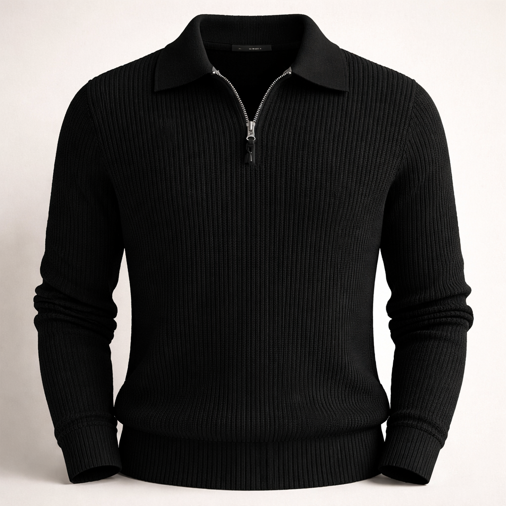 Men's ribbed quarter-zip jumper with a polo collar - black
