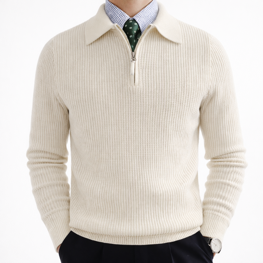Men's ribbed quarter-zip jumper with a polo collar