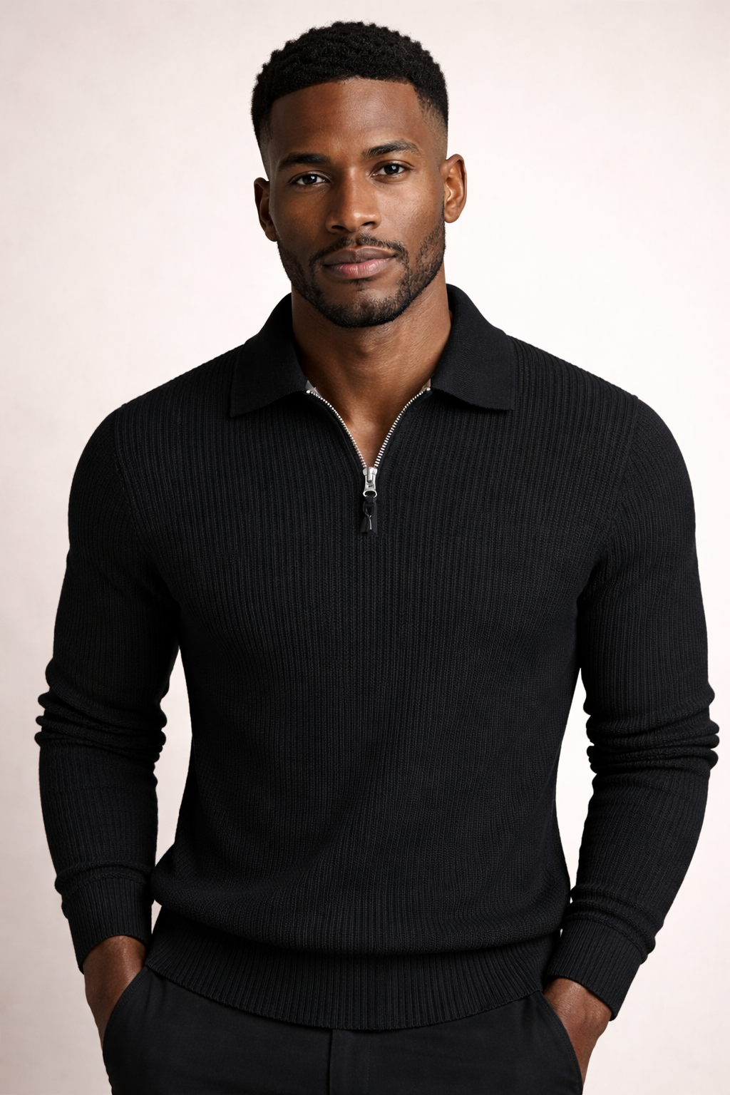 Men's ribbed quarter-zip jumper with a polo collar
