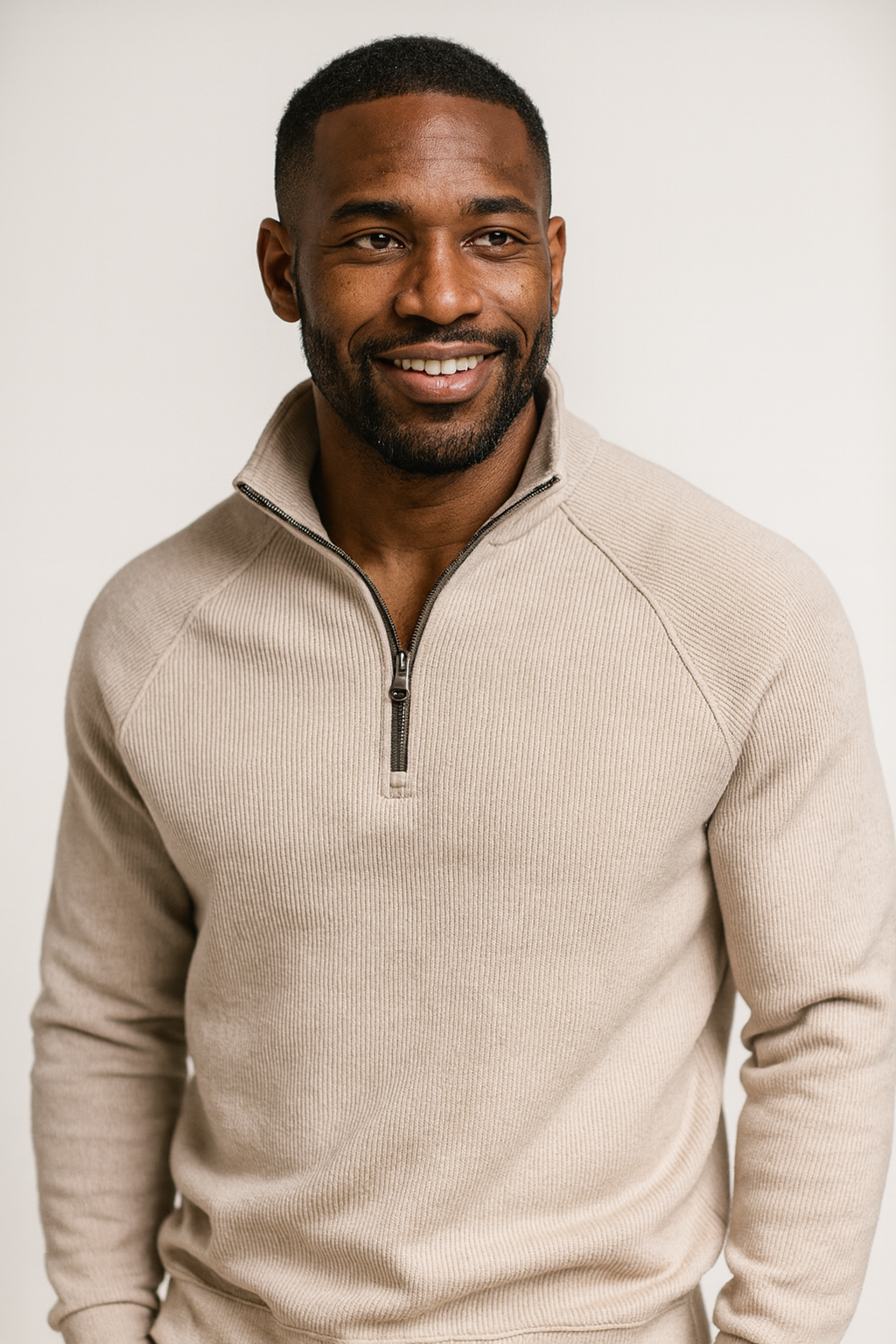 Men's ribbed quarter-zip sweatshirt with a stand collar