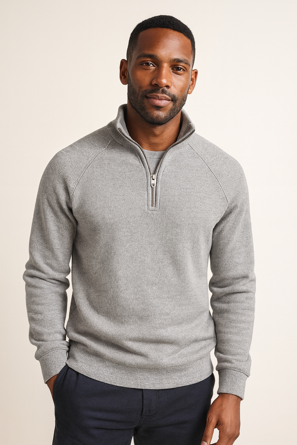 Men's ribbed quarter-zip sweatshirt with a stand collar