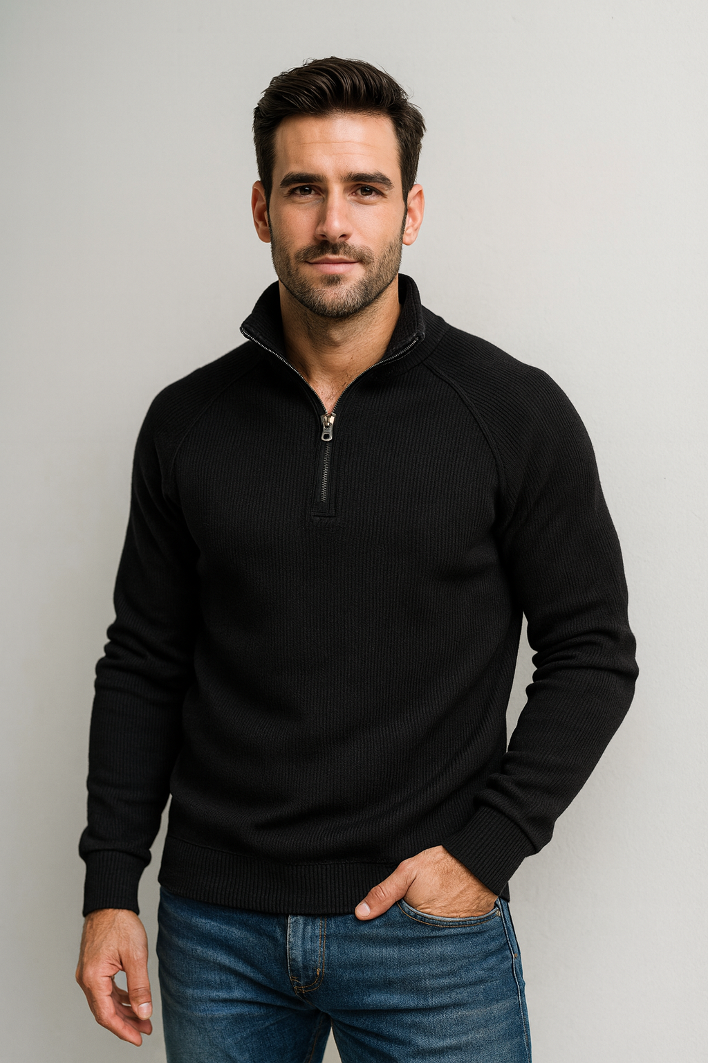 Men's ribbed quarter-zip sweatshirt with a stand collar
