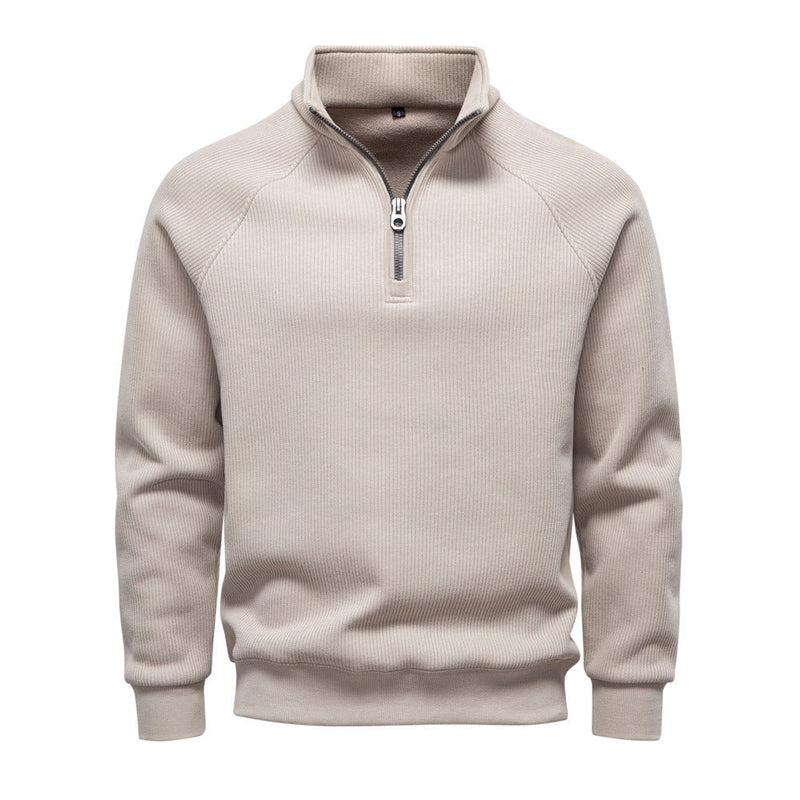 Men's ribbed quarter-zip sweatshirt with a stand collar - stone