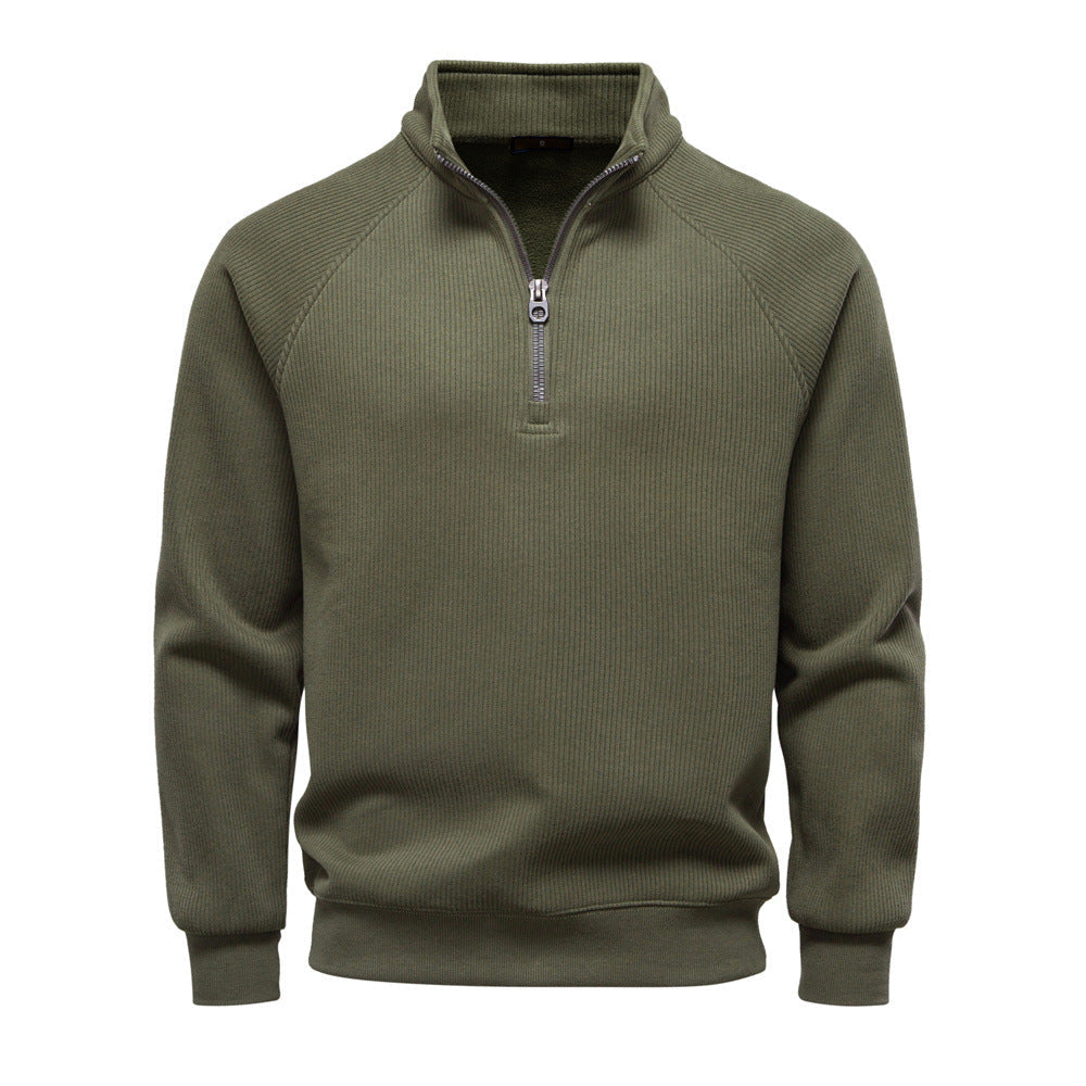 Men's ribbed quarter-zip sweatshirt with a stand collar - olive