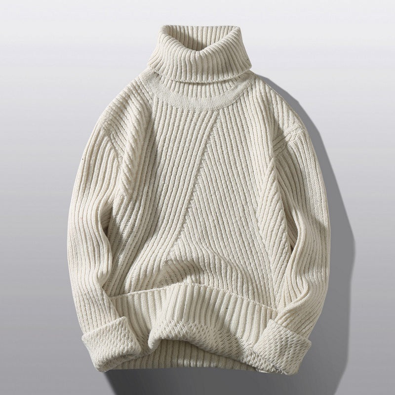Men's ribbed roll neck jumper with a tall collar and chevron rib - ecru