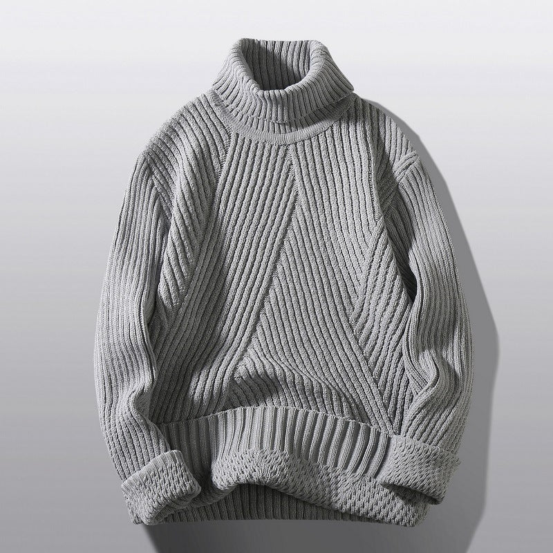 Men's ribbed roll neck jumper with a tall collar and chevron rib - light grey