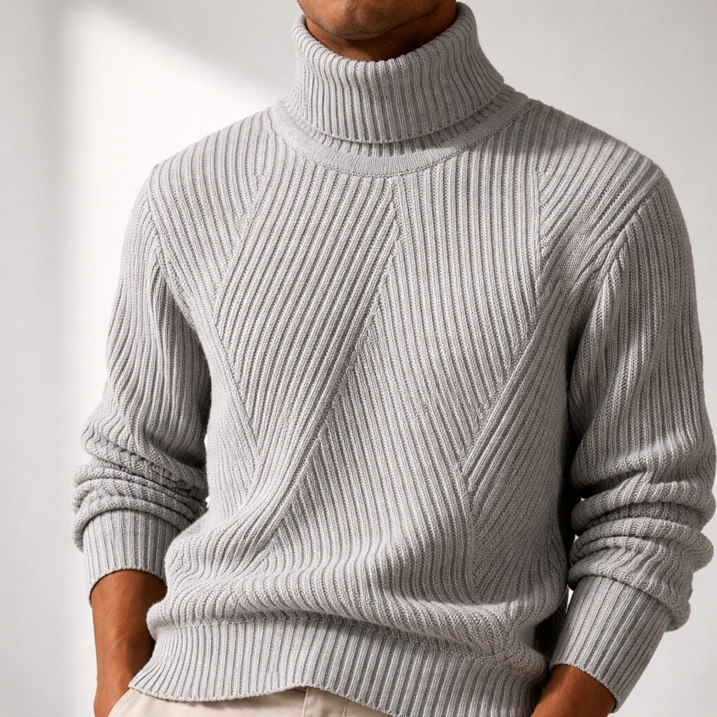 Men's ribbed roll neck jumper with a tall collar and chevron rib - view 4