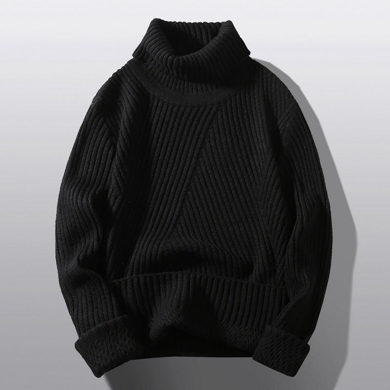 Men's ribbed roll neck jumper with a tall collar and chevron rib - black