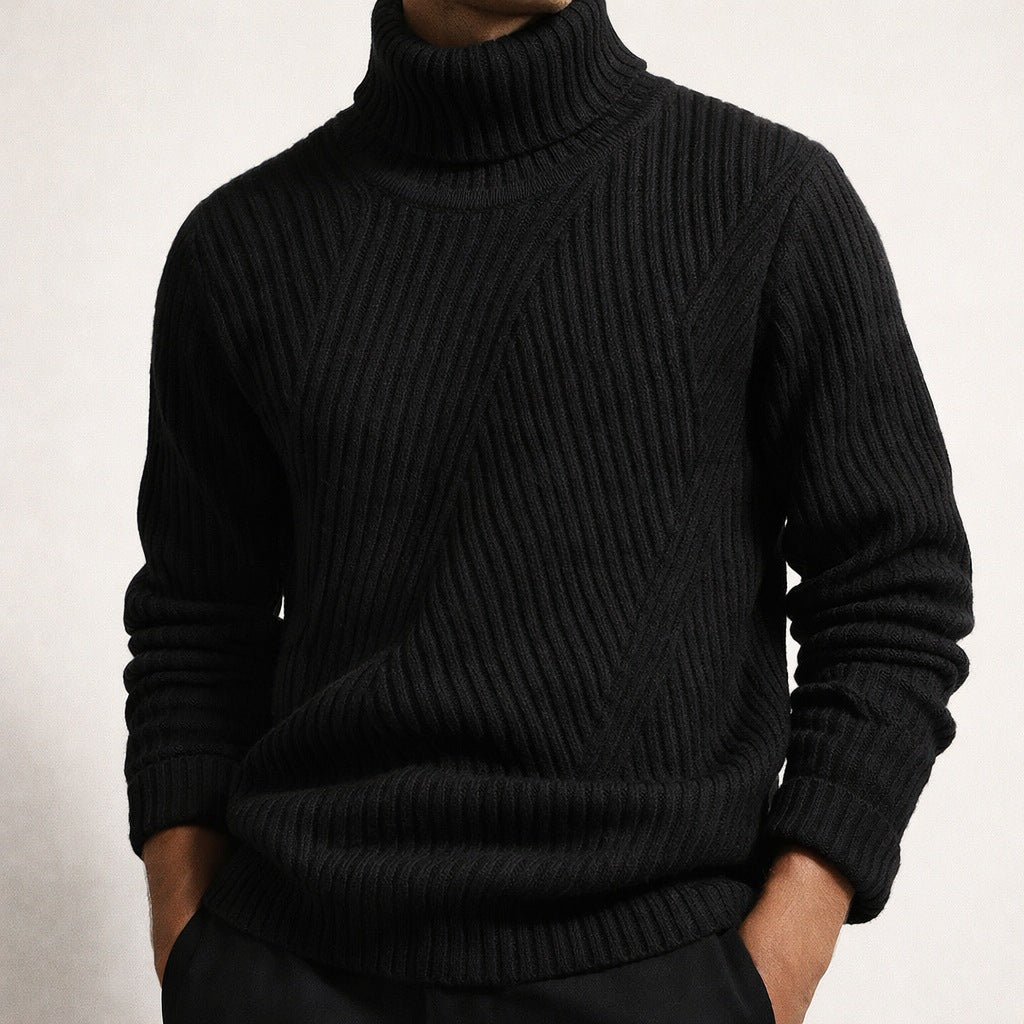 Men's ribbed roll neck jumper with a tall collar and chevron rib - view 6