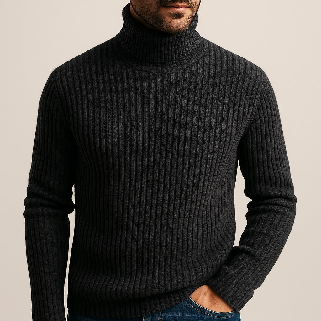 Men's roll neck jumper in a thick rib knit with a marl yarn and a high collar - black