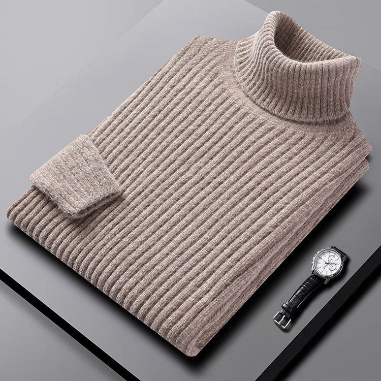 Men's roll neck jumper in a thick rib knit with a marl yarn and a high collar - beige